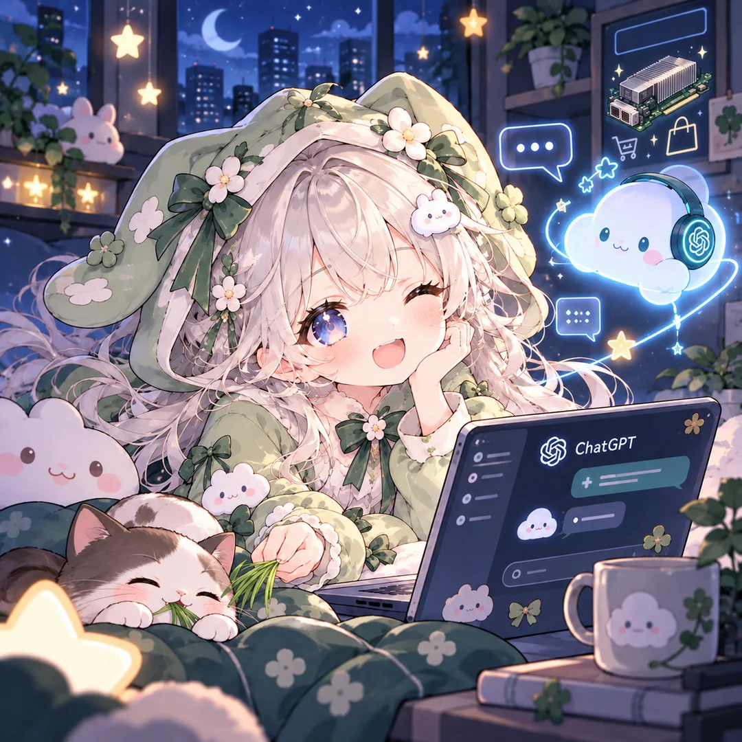 手绘夜景里，女孩一边使用 ChatGPT，一边给猫猫喂猫草，墙上的小商店展示 B300 显卡。